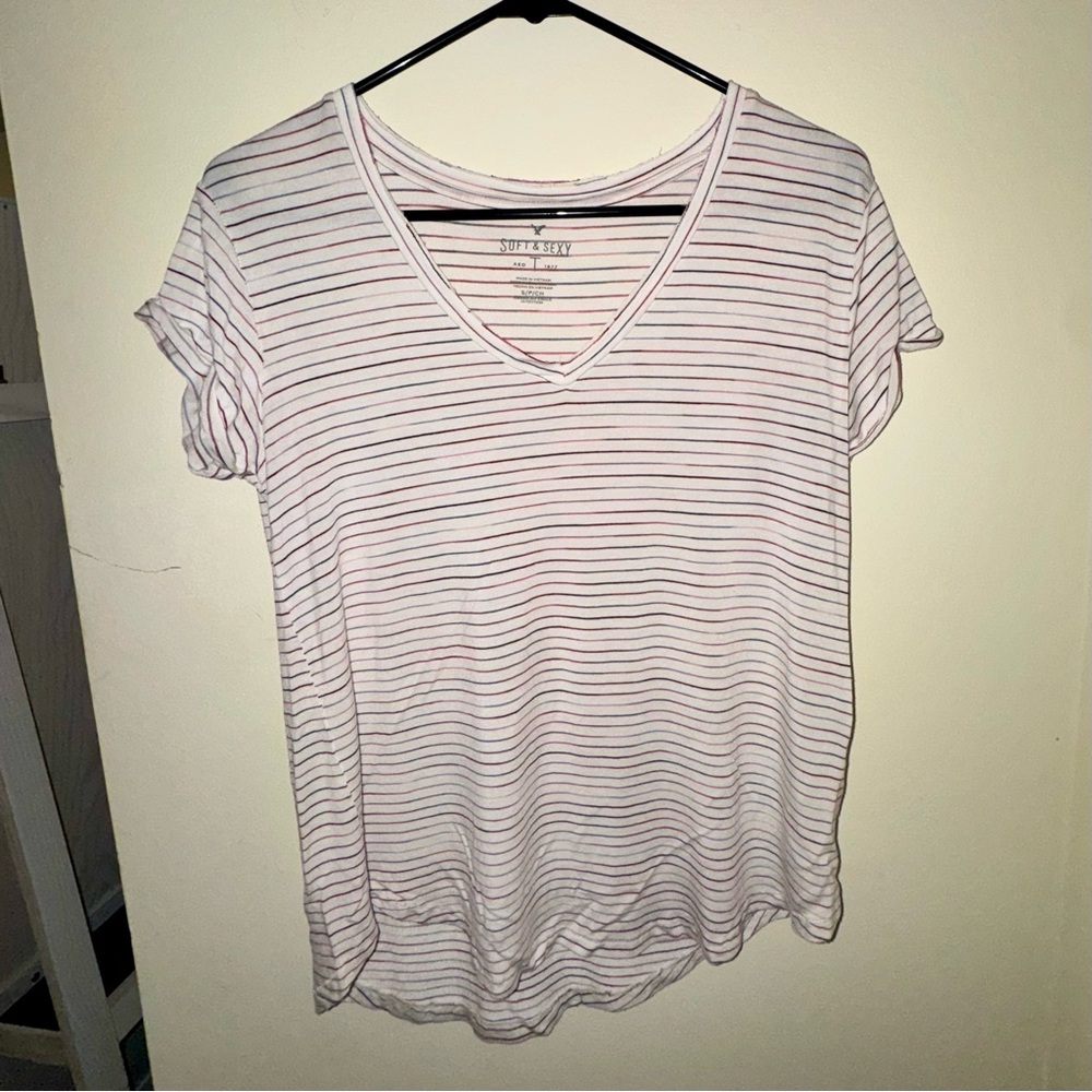 American Eagle Outfitters White V-Neck Tee with Pink/Purple Stripes